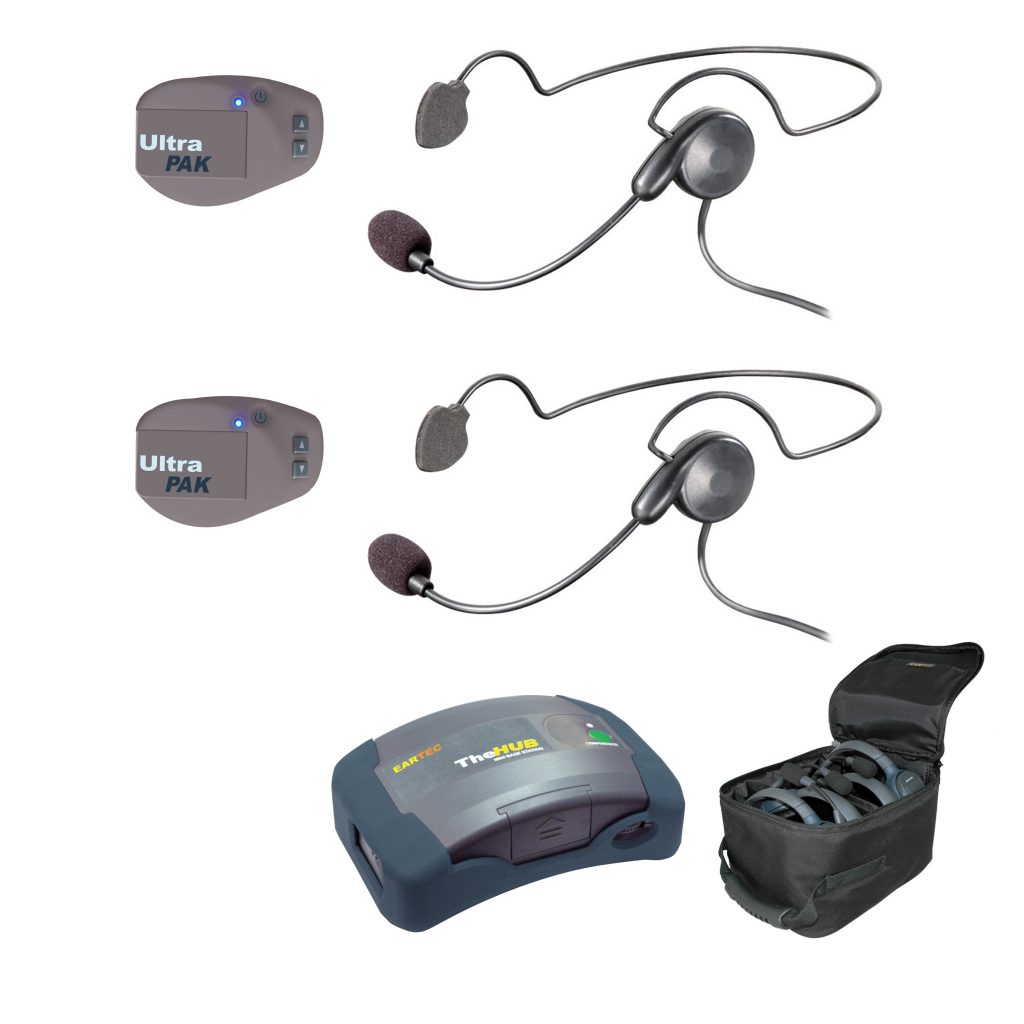 Hub mini base, two ultrapak beltpacks, two cyber headsets, soft case.