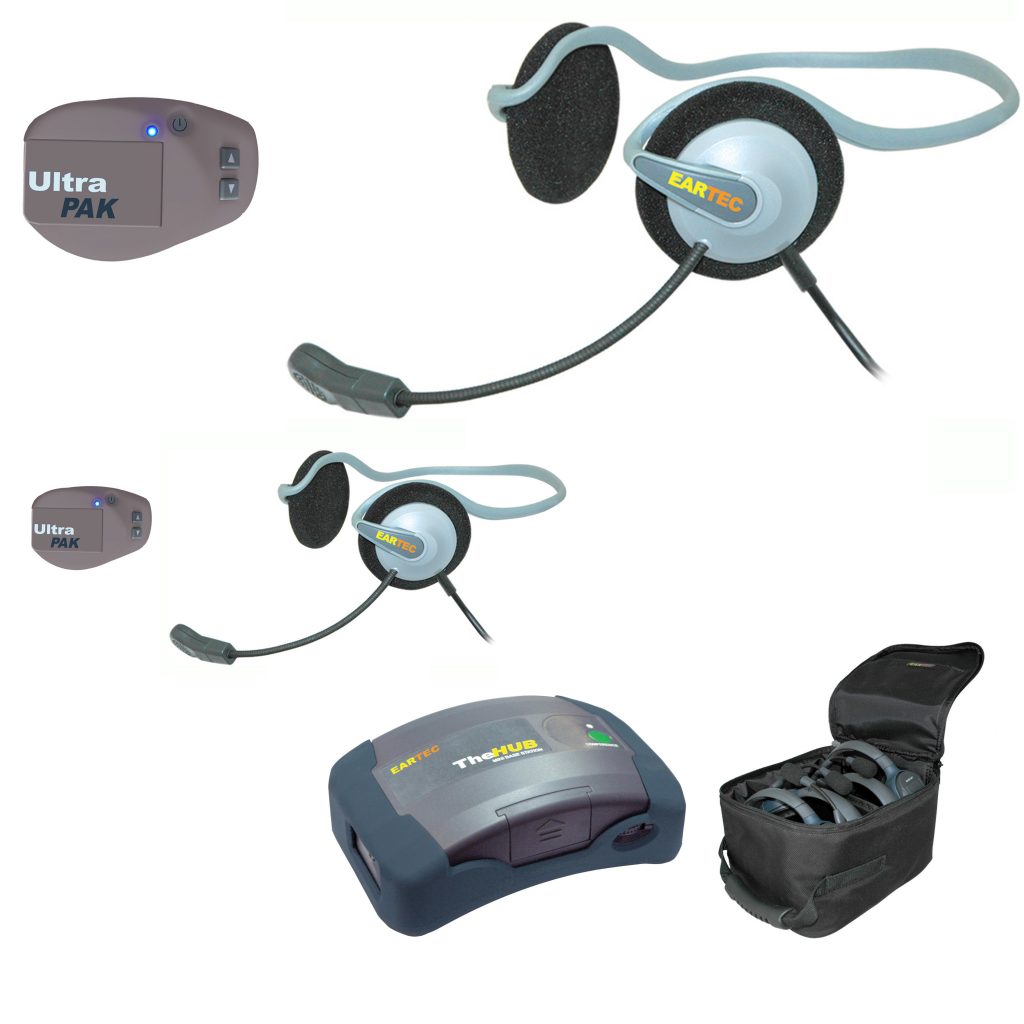 Hub mini base, two ultrapak beltpacks, two monarch headsets, soft case.