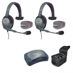 Hub mini base, two ultrapak beltpacks, two max 4g single headsets, soft case.