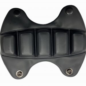 Black leatherette headband pad with snaps for comstar headset.