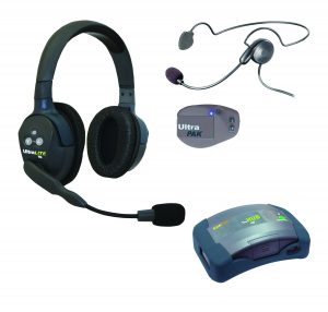 Ultralight dual ear headset, ultrapak beltpack with cyber headset, hub mini base.