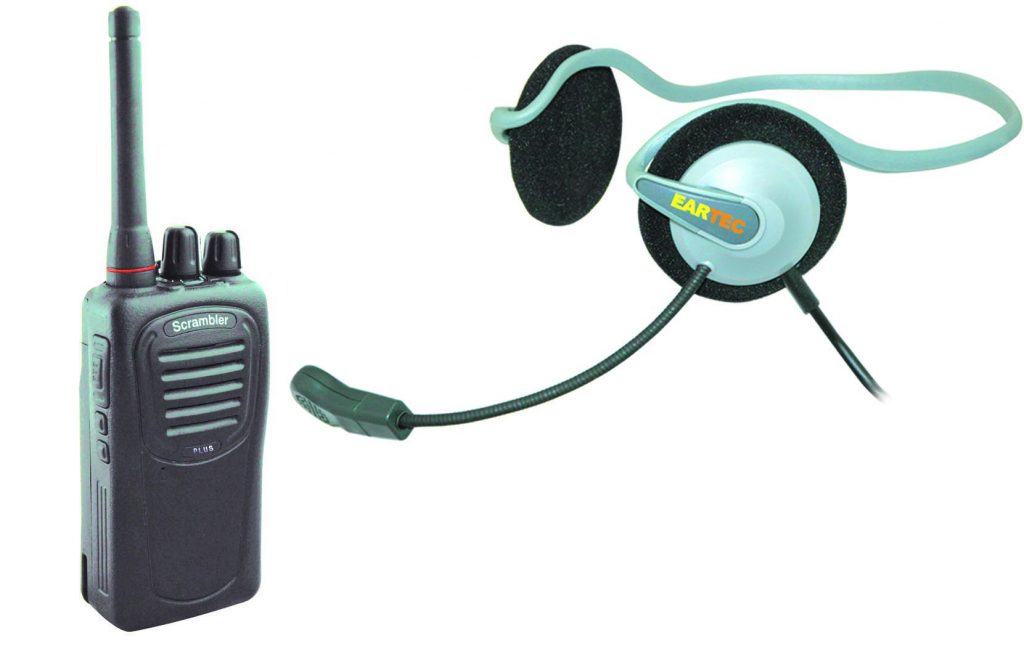 Scrambler radio with monarch backband dual ear headset.