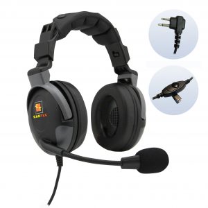 Proline double ear headset with 2 pin molded plug and inline push to talk button.