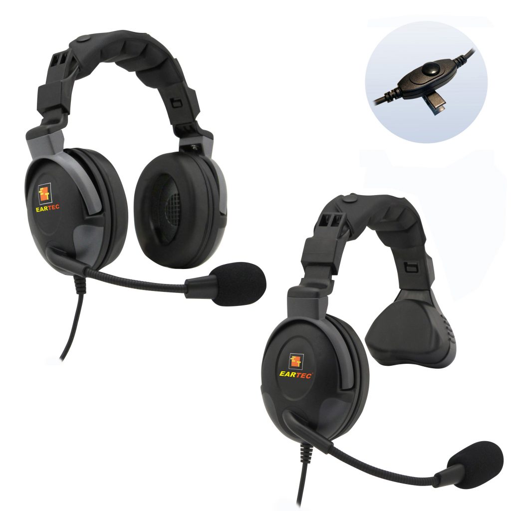 ProLine single ear headset, Proline dual ear headset, inline push to talk button.