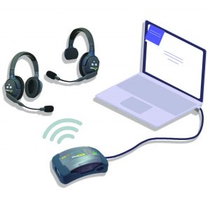 tow ultralite wireless headsets, laptop connected to hub via USB cable.