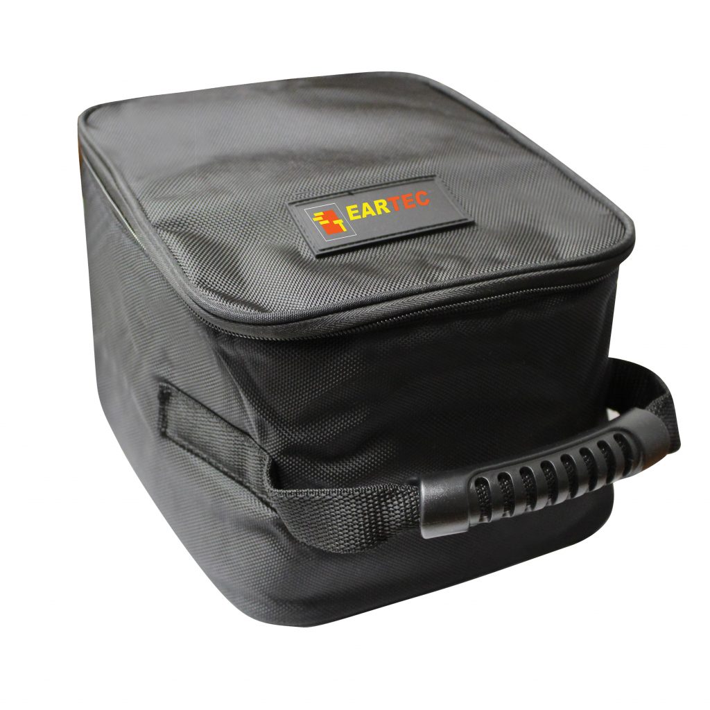 Soft nylon carrying case with handle.