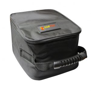 Soft nylon carrying case with handle.
