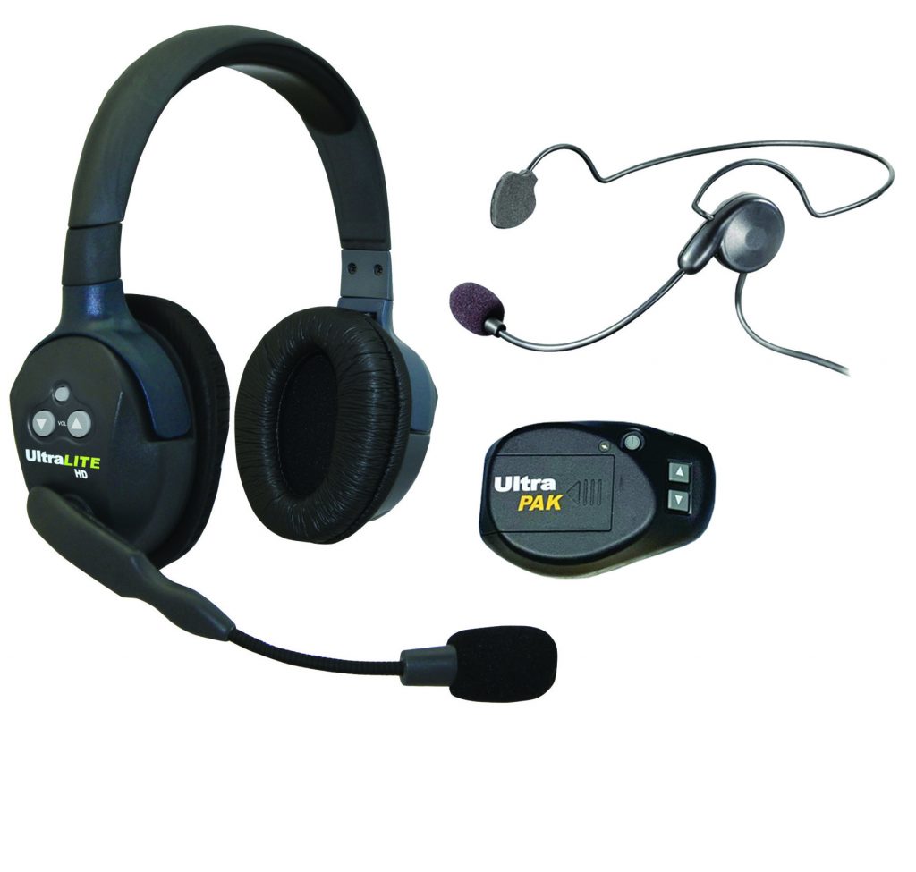 Ultralite double ear headset, cyber single ear backband headset, UltraPak beltpack.