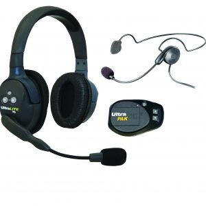 Ultralite double ear headset, cyber single ear backband headset, UltraPak beltpack.