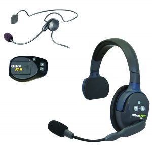 Ultralite single ear headset, cyber single ear backband headset, UltraPak beltpack.