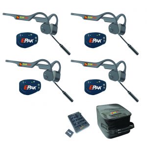 Four EPak beltpacks, four lazer-pro headsets, battery, charger, soft carrying case.
