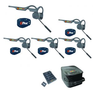 Five EPak beltpacks, five lazer-pro headsets, battery, charger, soft carrying case.