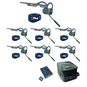 Seven EPak beltpacks, seven lazer-pro headsets, battery, charger, soft carrying case.