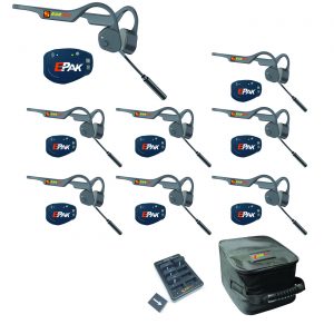 Eight EPak beltpacks, eight lazer-pro headsets, battery, charger, soft carrying case.