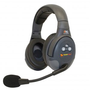 EVADE headset, double ear, navy blue with grey and black padding.