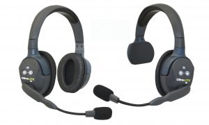 UltraLITE single ear and UltraLITE double ear grey with navy blue headsets.